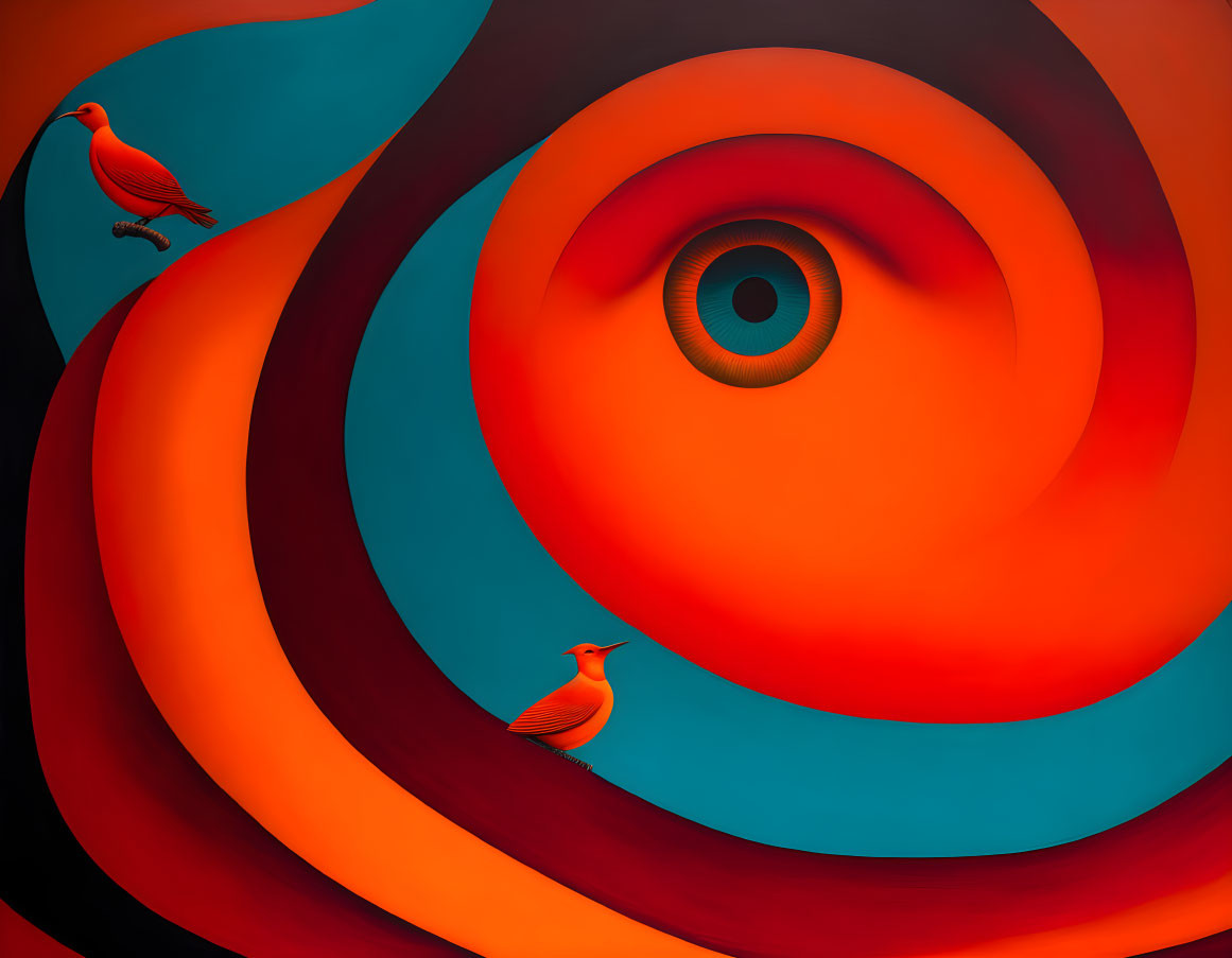 Abstract Red and Blue Swirling Patterns with Eye-Like Circle and Birds