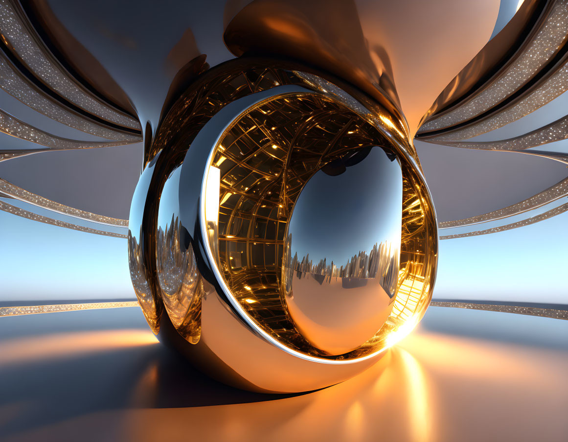 Golden surreal structure with circular shapes floating over amber surface