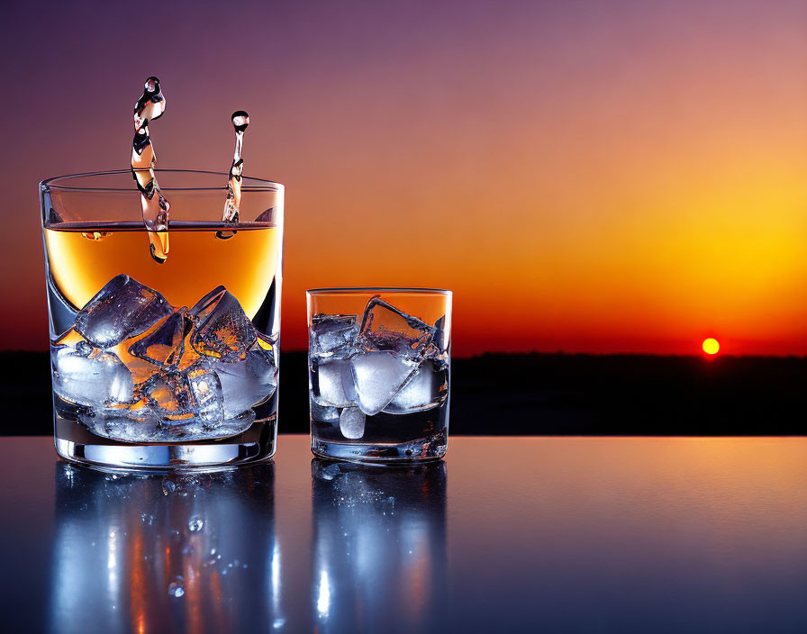 Glasses with ice and amber liquid at sunset with pouring splash