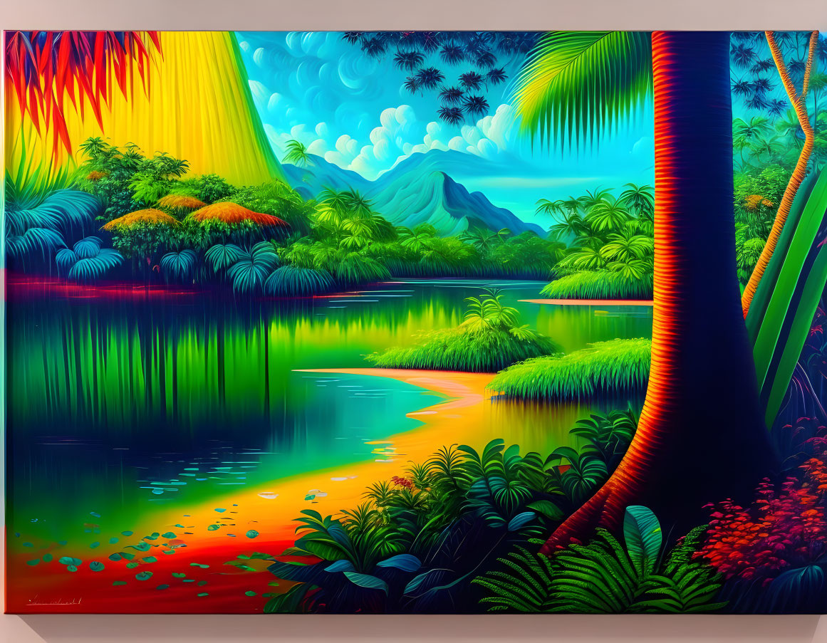 Tropical landscape painting with river, palm trees, and mountains