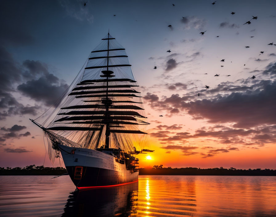 Sailboat with multiple masts anchored at sunset with birds flying over calm water