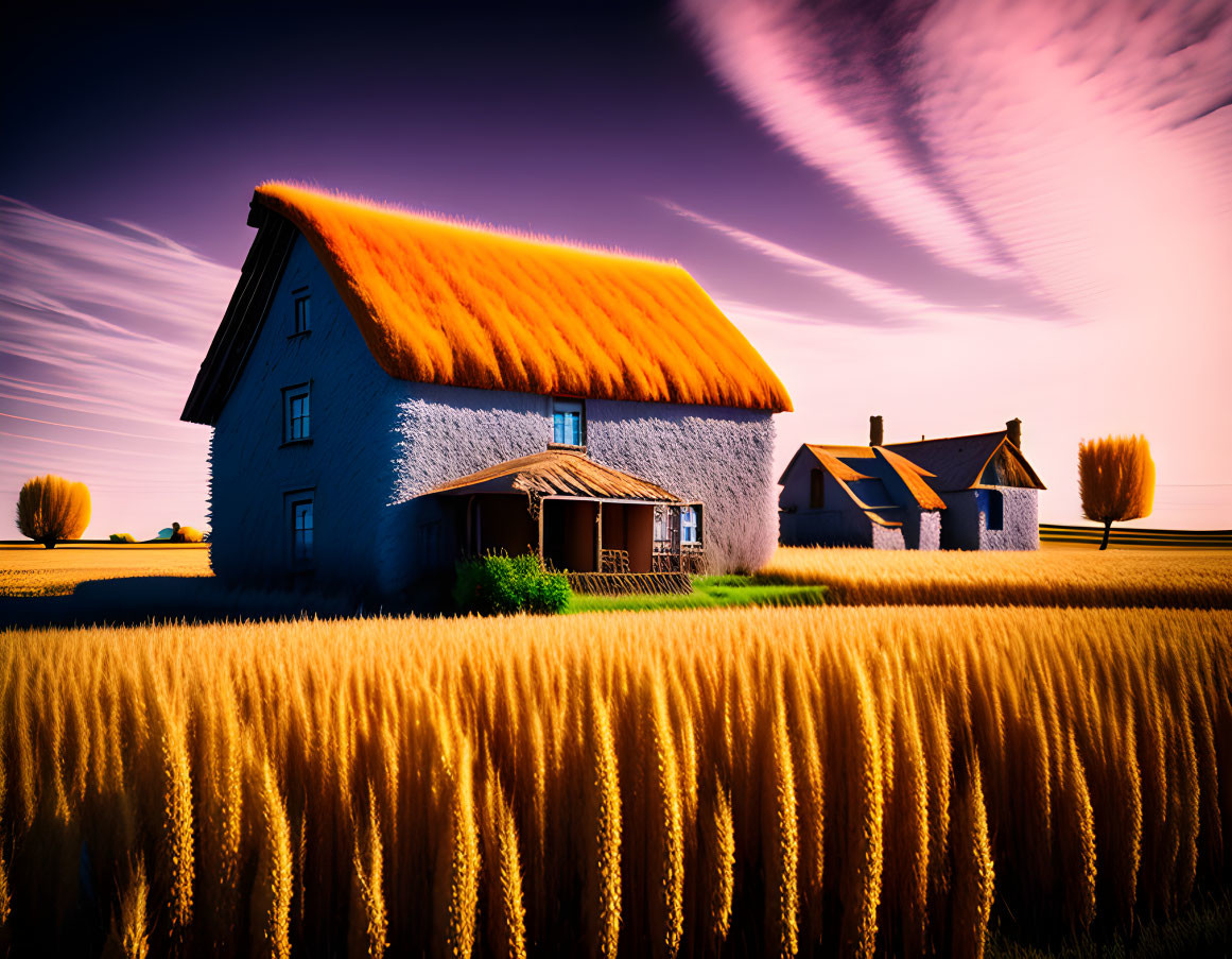 Colorful countryside landscape with blue house, orange roof, and golden wheat field under pink-streaked