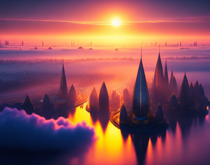 Fantastical cityscape with towering spires at sunset