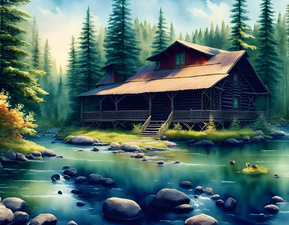 Tranquil river cabin in lush forest with sunlight.