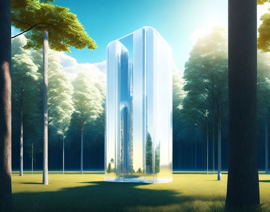 Transparent high-rise building in forest setting under clear blue sky