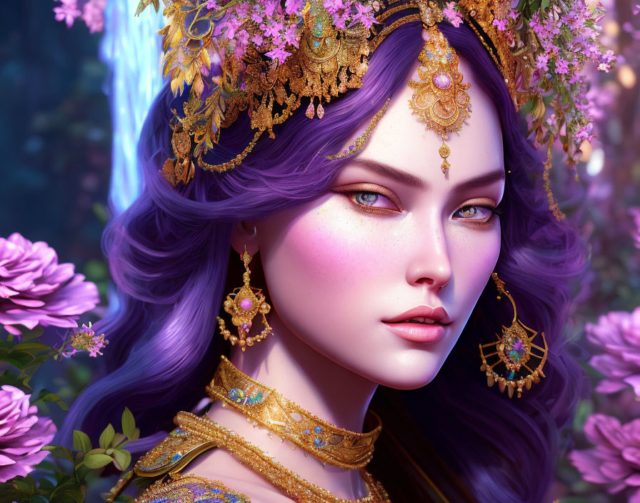 Digital portrait of woman with purple skin, violet hair, golden jewelry, amid pink flowers