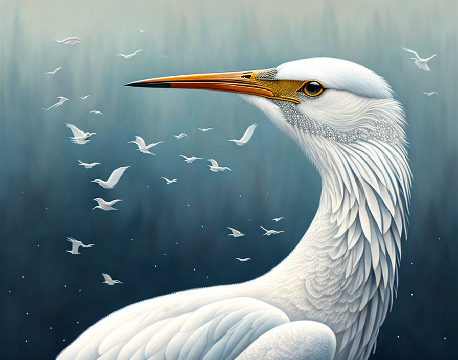 Detailed White Egret Illustration with Orange Beak in Misty Background