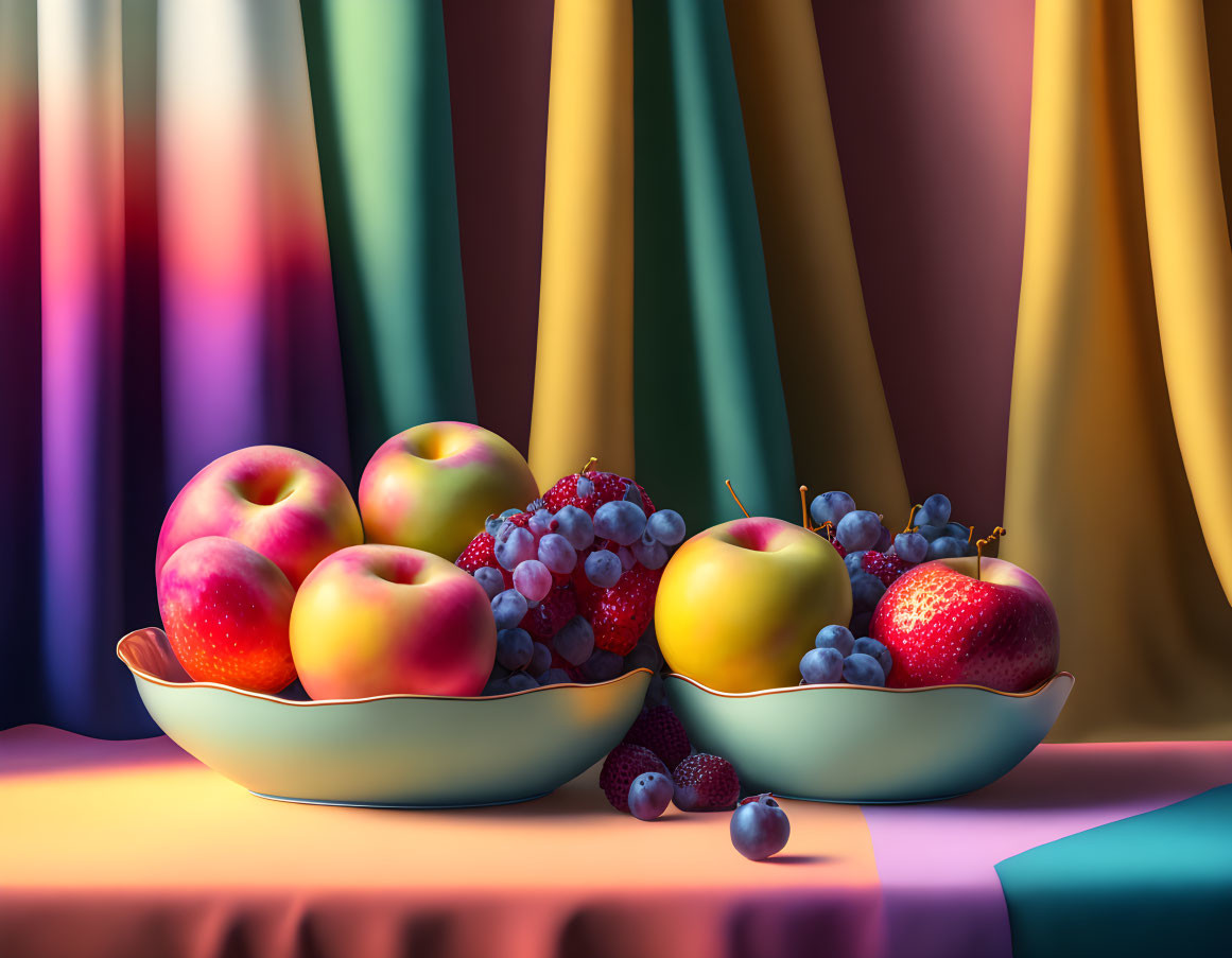 Colorful Fruit Bowls Against Draped Curtains