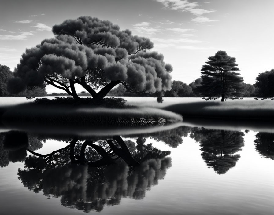 Tranquil black and white tree reflection in calm water