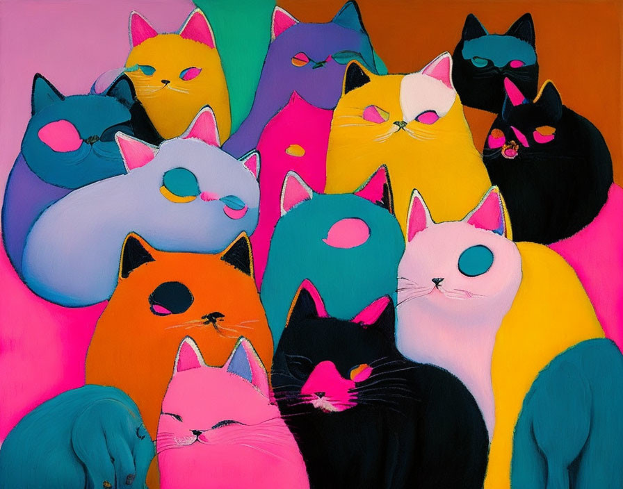 Vibrant whimsical cats in colorful art on pink backdrop