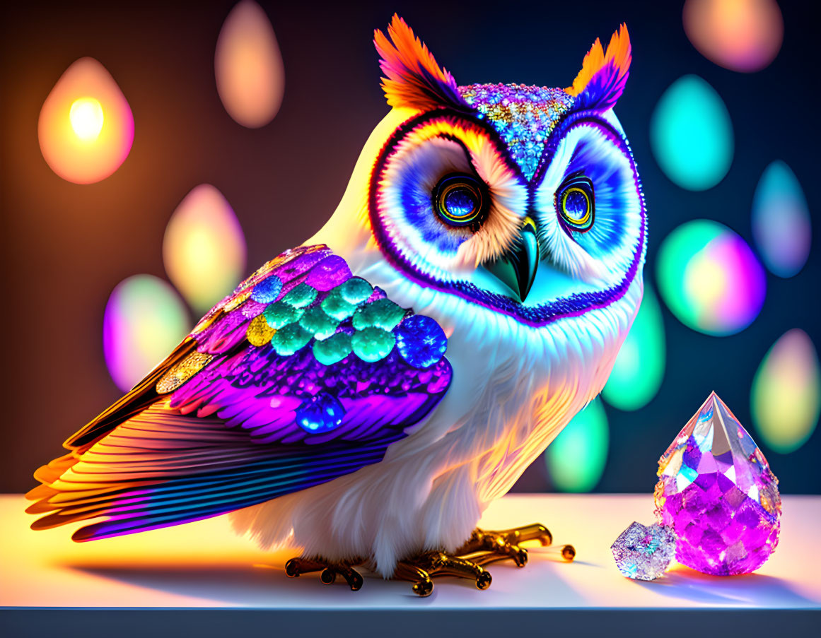 Colorful Owl with Gemstones and Pink Crystal on Glowing Orb Background