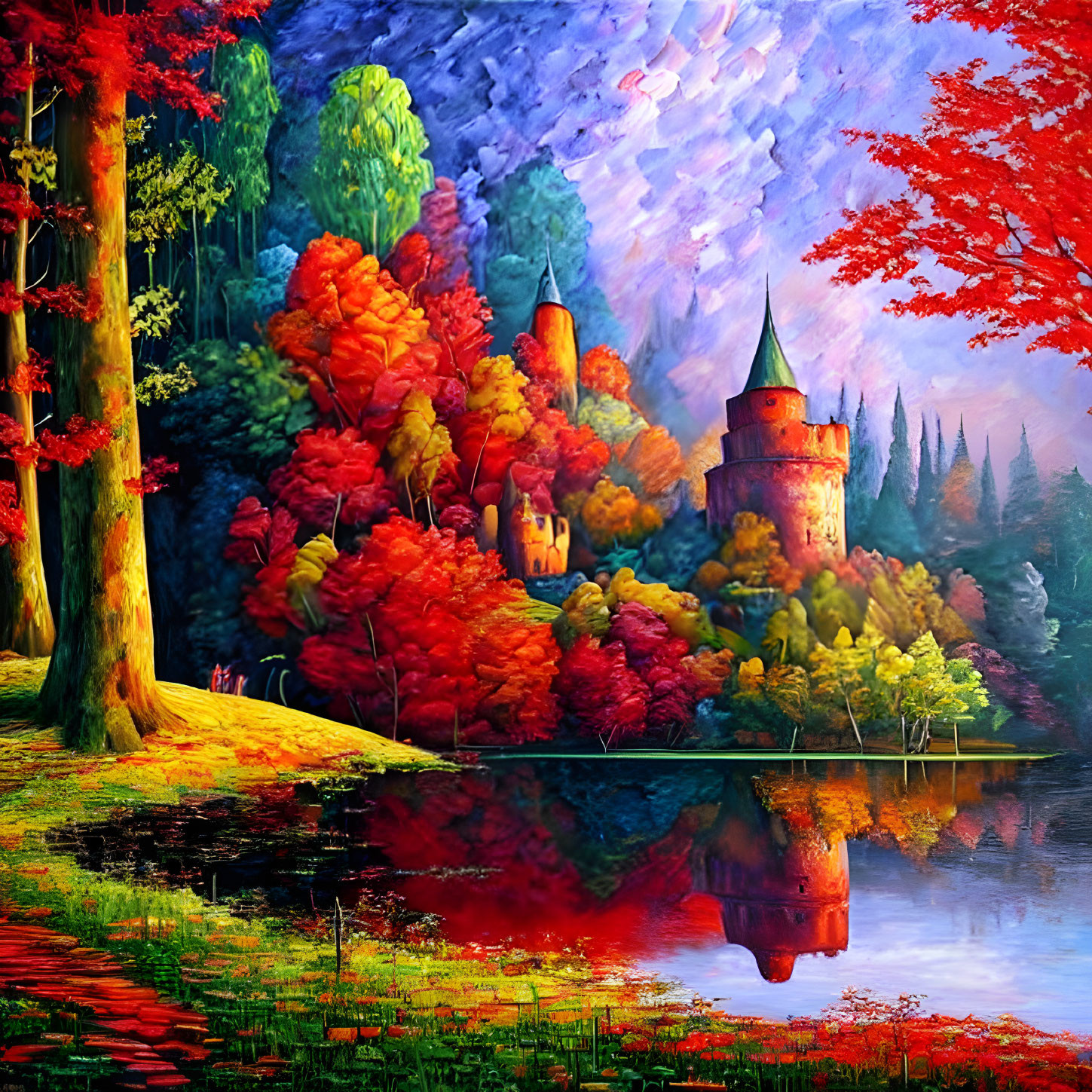 Colorful autumn castle painting with tree reflections on tranquil lake