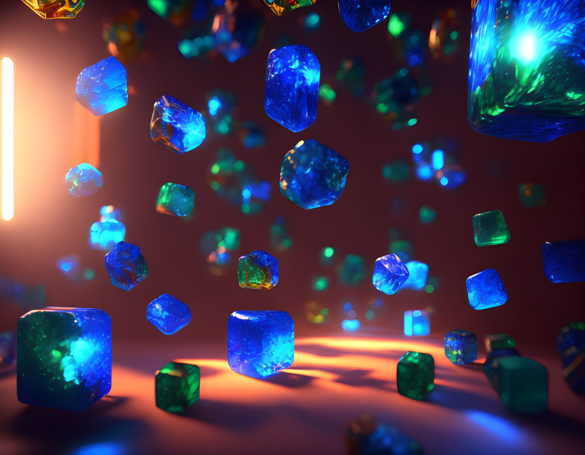 Luminous Blue and Green Gemstones on Dark Red Background