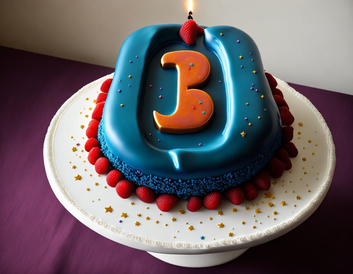 Blue Number 3 Birthday Cake with Candle and Berries on White Stand