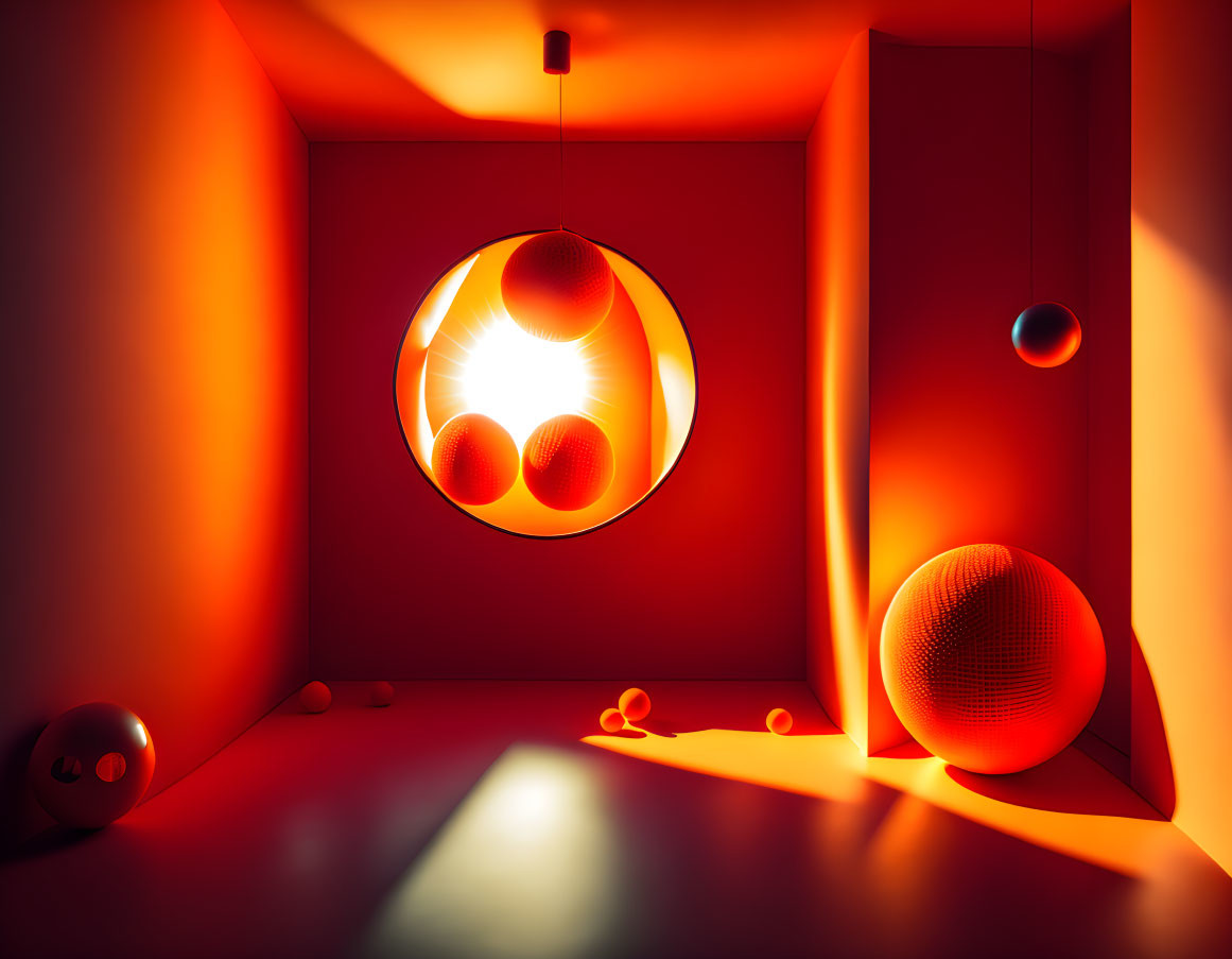 Vivid Red-Orange Room with Spherical Objects and Glowing Orbs