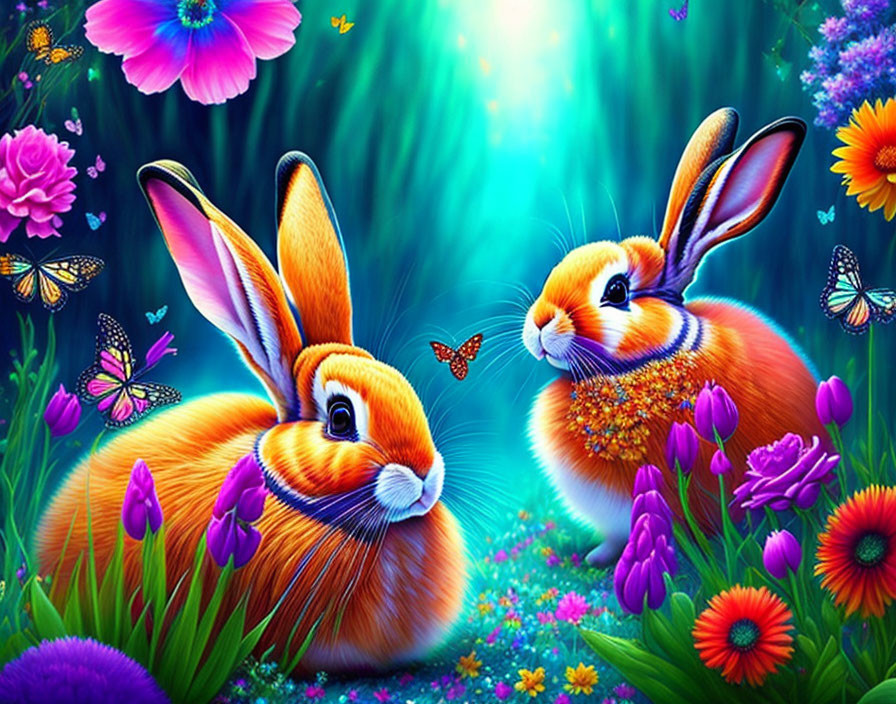 Vibrant colored rabbits in magical flower landscape with butterflies