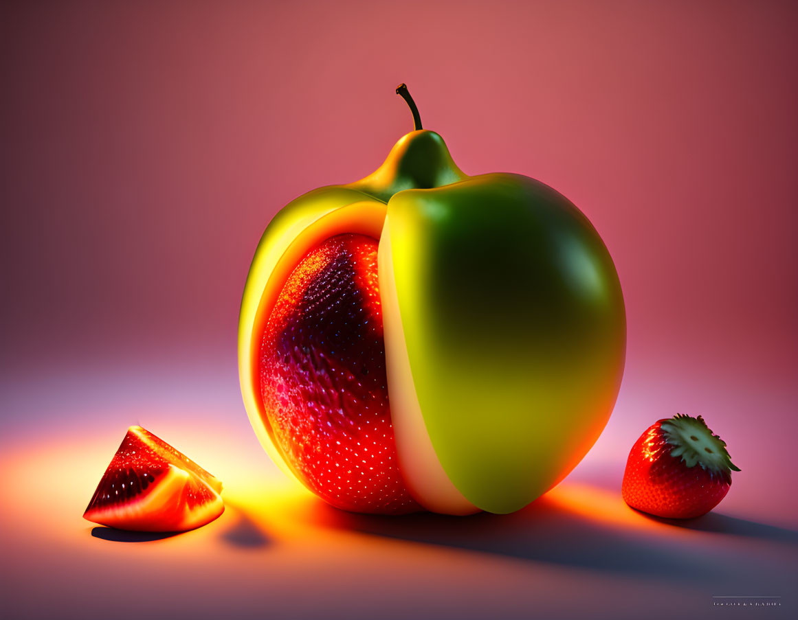 Vibrant Fruit Fusion Image with Apple, Pepper, Lemon, and Strawberry