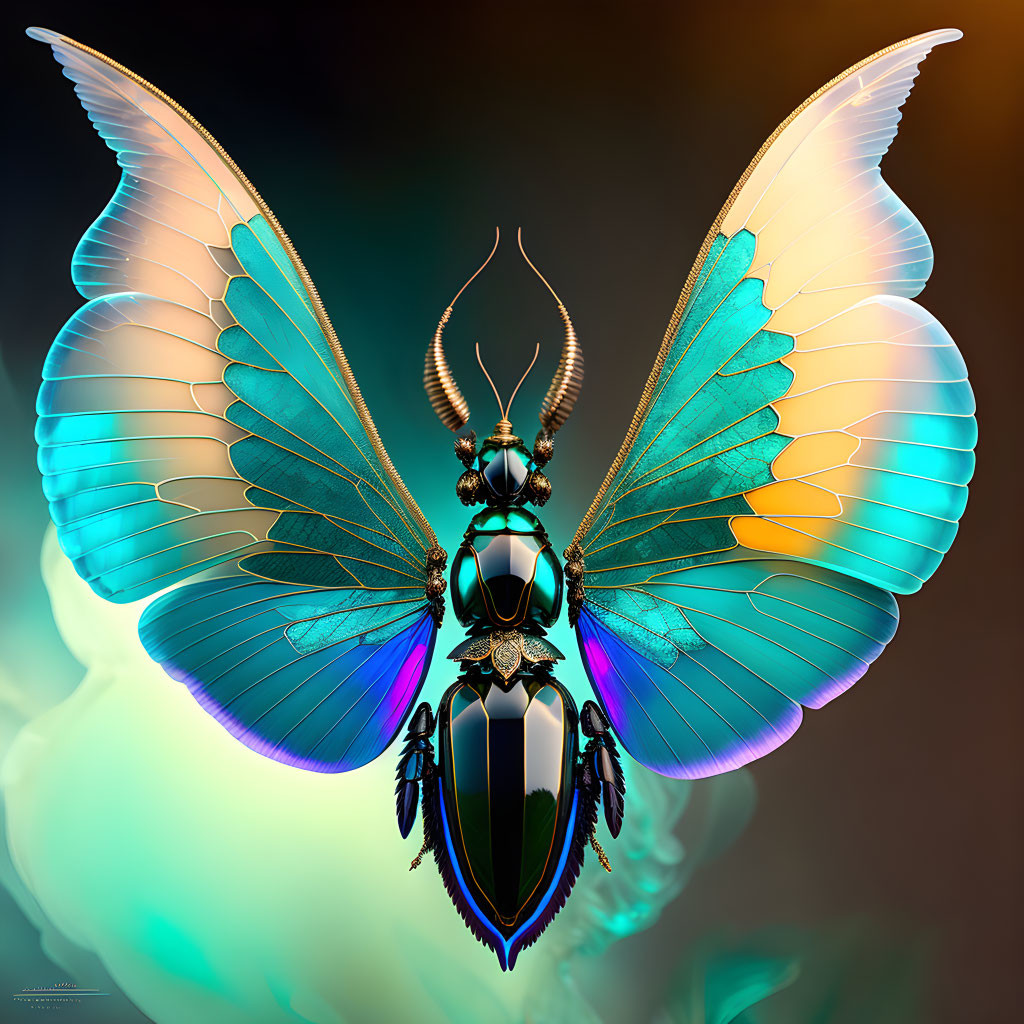 Stylized digital artwork of a mechanical butterfly with iridescent wings