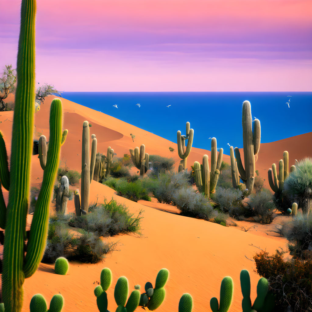 Colorful desert sunset with cacti, sand dunes, and birds in pink-blue sky