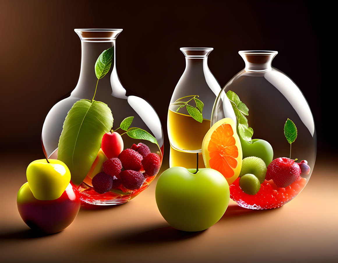 Glass pitchers surrounded by apples, oranges, and berries with juice.