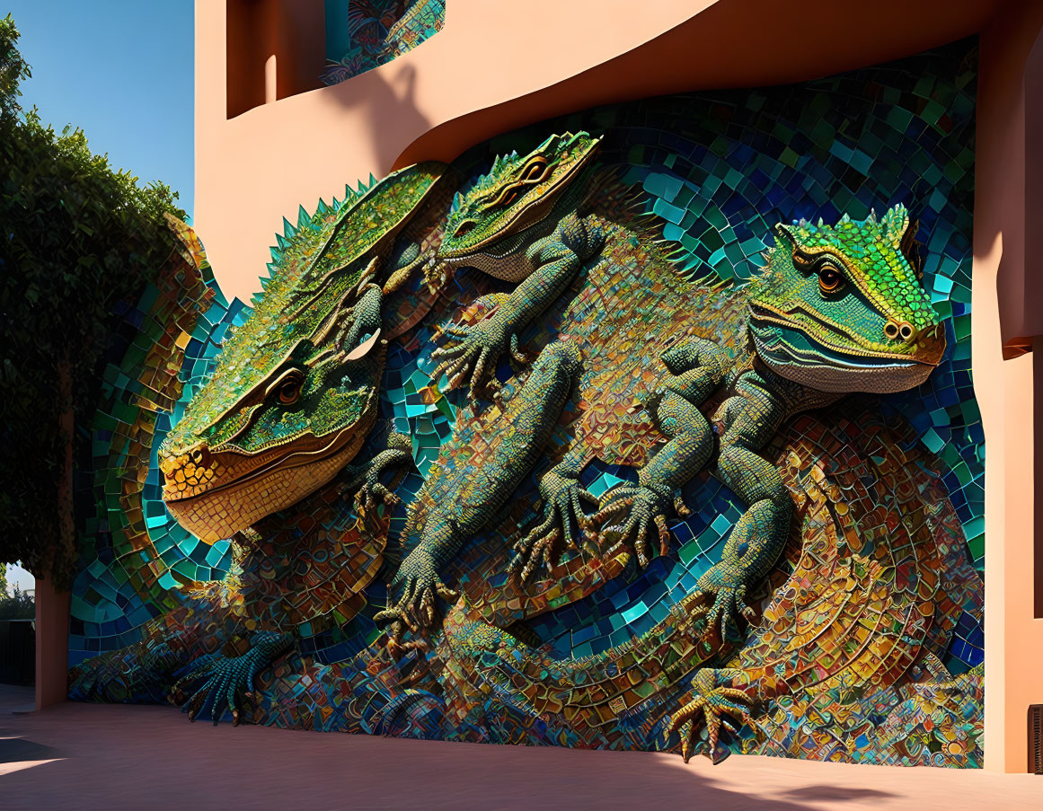 Colorful mosaic iguana sculptures on terracotta building wall with blue sky.