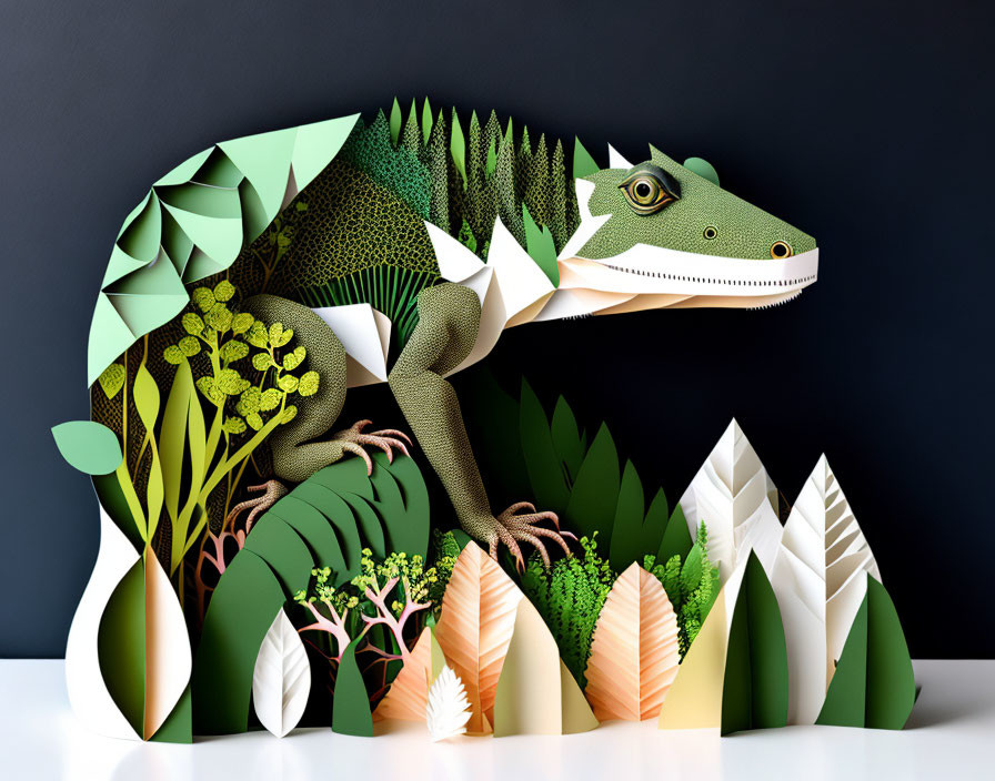 Colorful 3D paper art: Green iguana in vibrant jungle