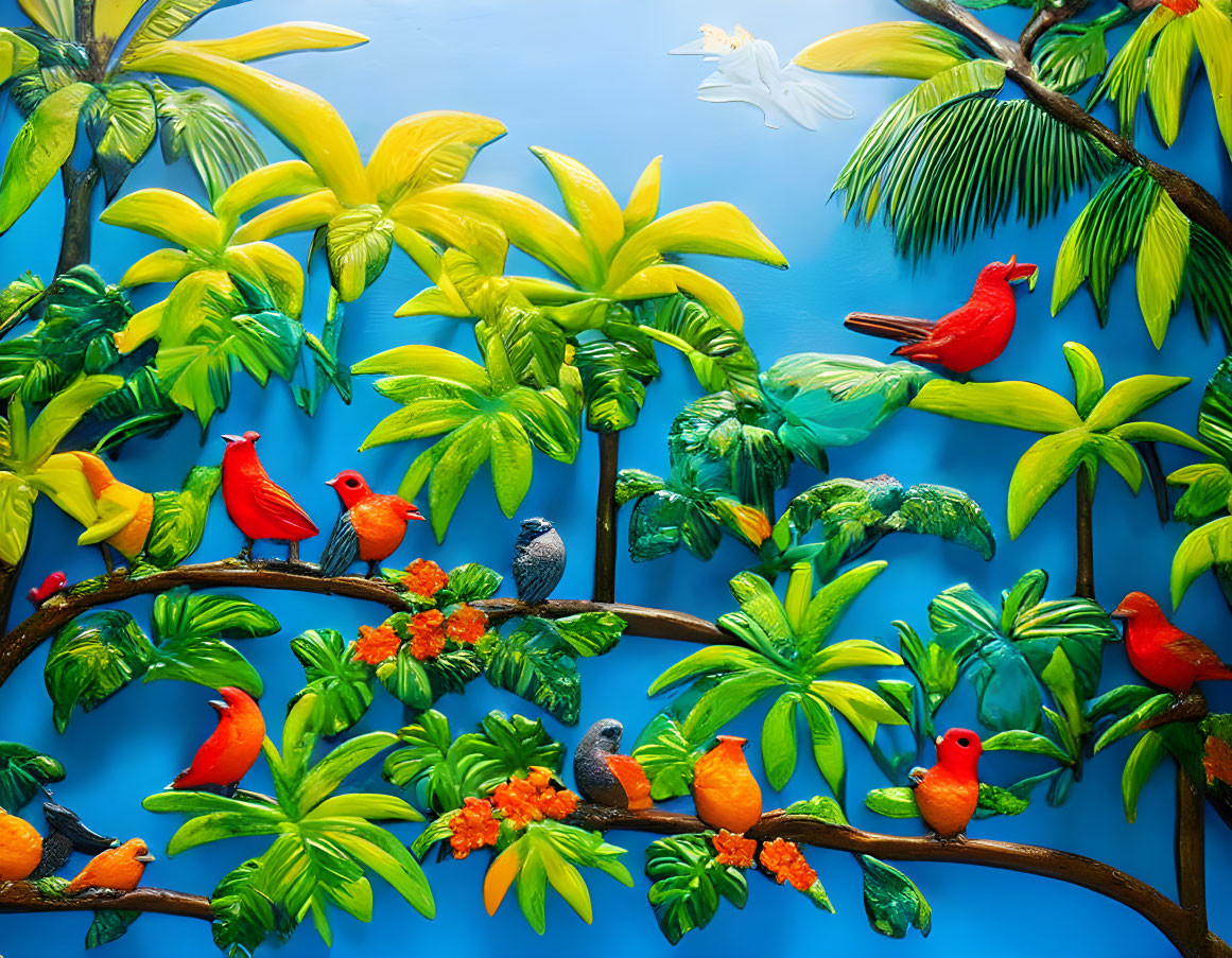 Colorful birds on lush green foliage against bright blue background