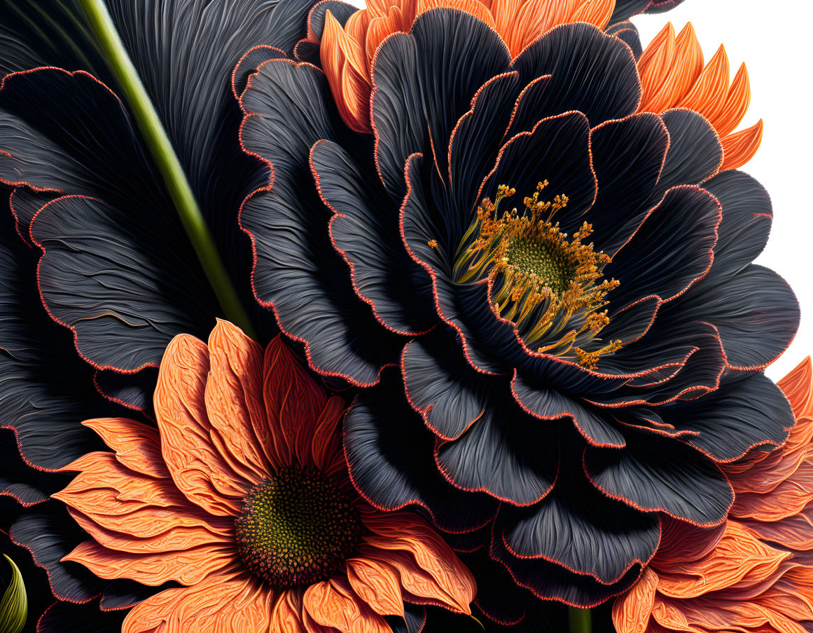 Detailed large flowers with black and orange ornate petals and yellow centers on white background