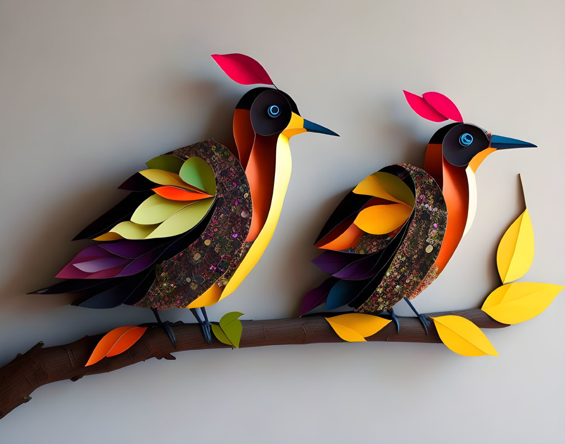 Colorful paper-craft birds on branch with vibrant feathers & patterns.