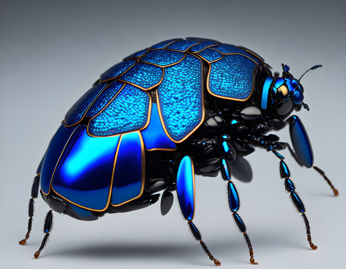 Blue metallic beetle with intricate patterns on shell on gray background