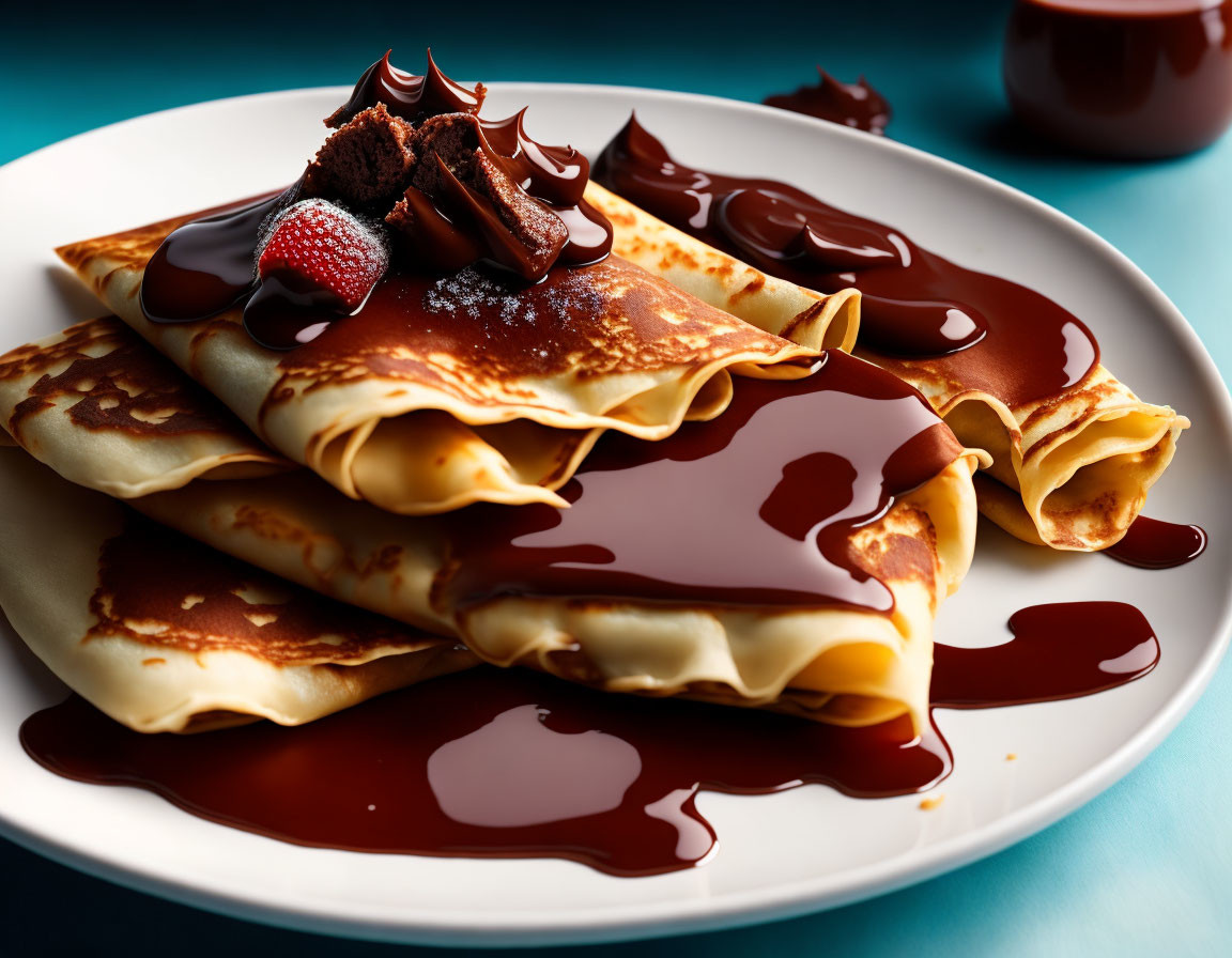 Golden crepes with chocolate syrup, strawberry, and shavings on white plate