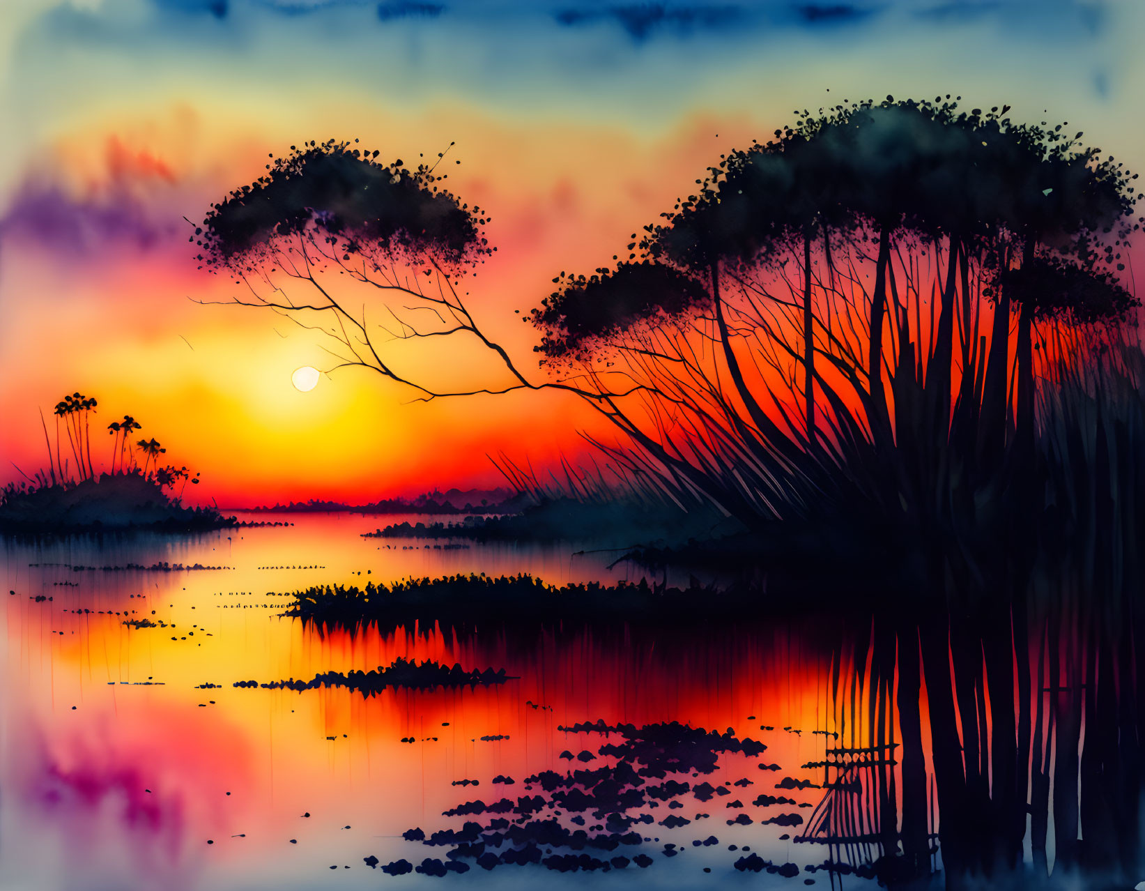 Digital artwork: Sunset over serene lake with tree reflections