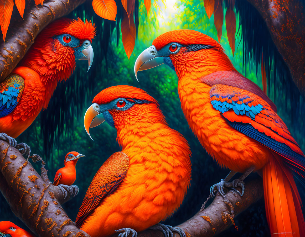 Colorful digital artwork featuring orange and blue parrots in a forest setting.