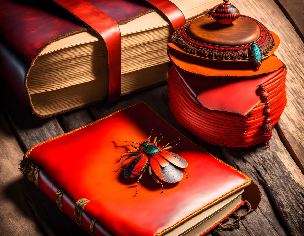 Red Beetle Brooch on Leather Journal Next to Container and Book on Wooden Surface