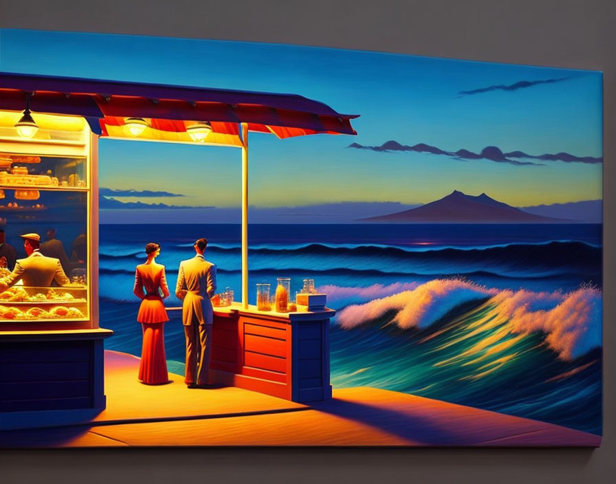 Beachside food stall at dusk with ocean view