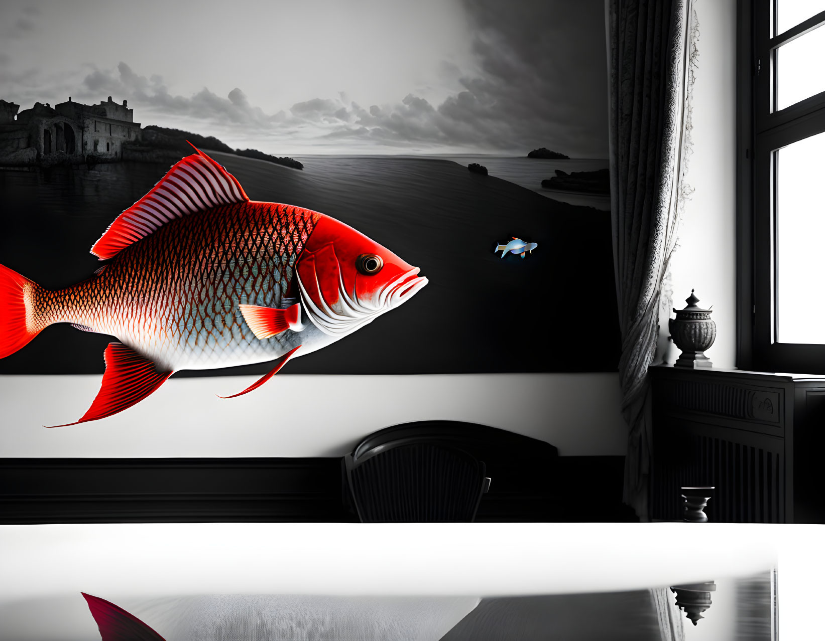 Colorful fish swimming in a room with ocean view.