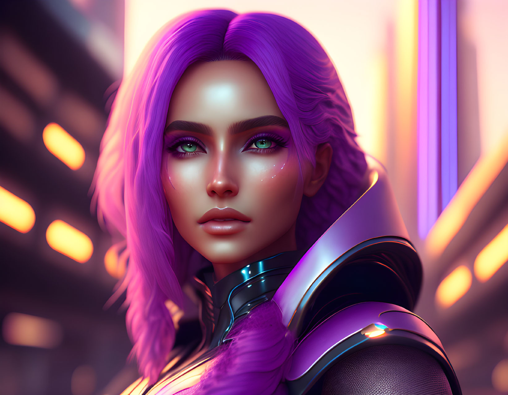 Digital Artwork: Woman with Purple Hair in Futuristic Armor