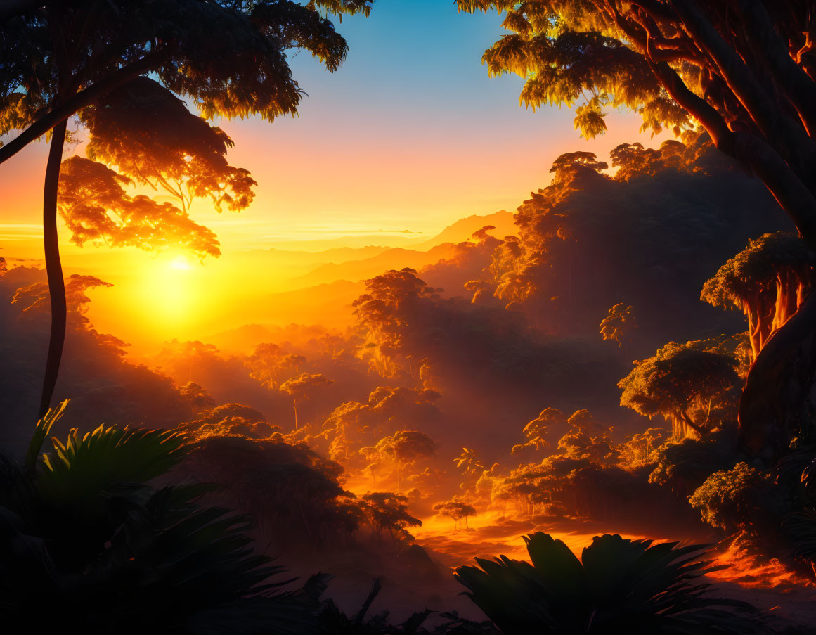 Colorful sunset over misty tropical rainforest with tree silhouettes