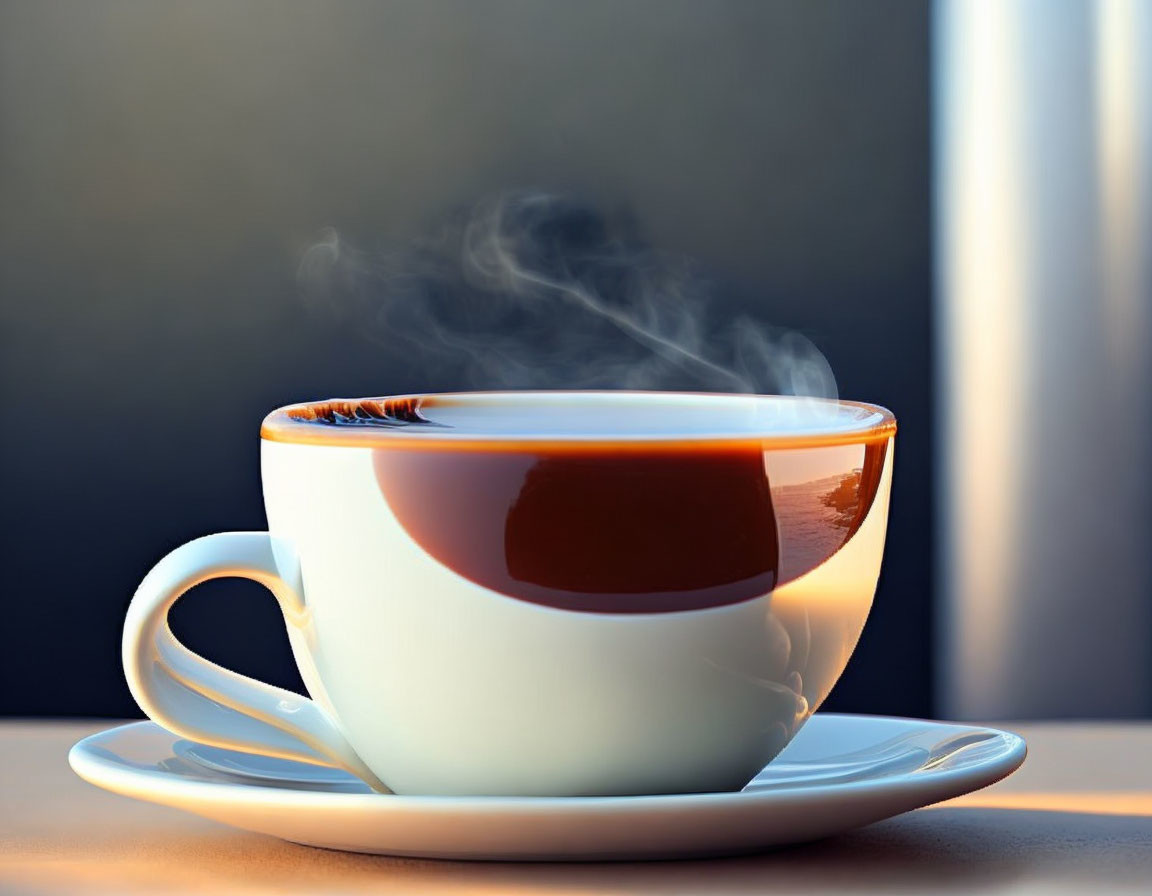 Steaming cup of coffee on saucer in soft light