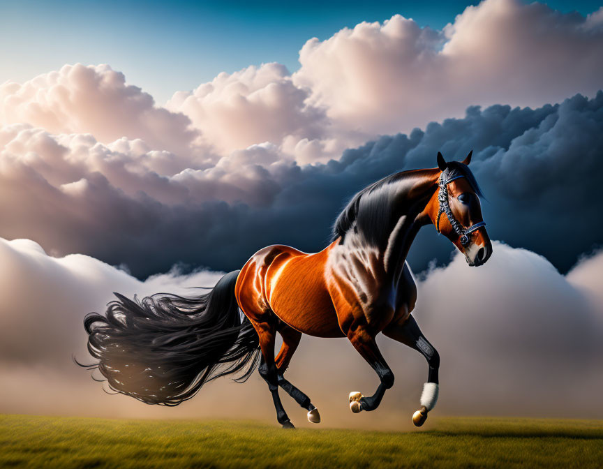 Majestic bay horse galloping under dramatic sky