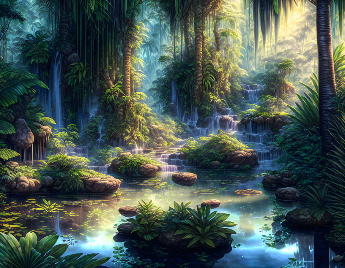 Tranquil forest scene with lush greenery, waterfalls, and serene pond