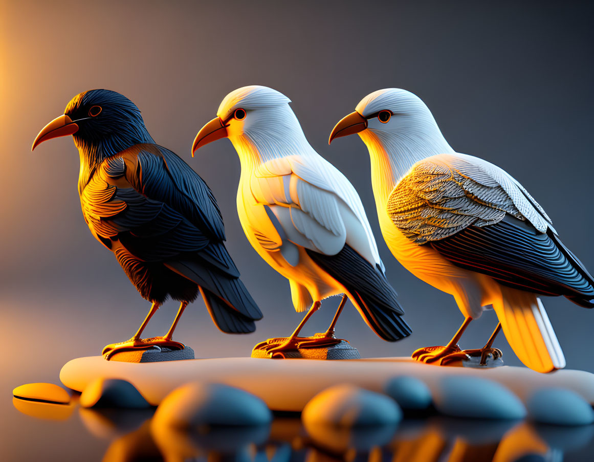 Stylized bird figurines in black, white, and grey on smooth surface against warm gradient background