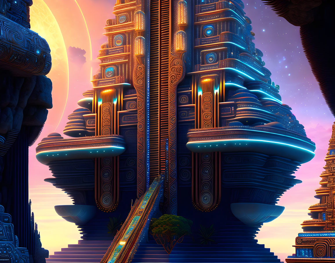 Futuristic alien cityscape with neon outlines, ziggurat structures, and large moon.