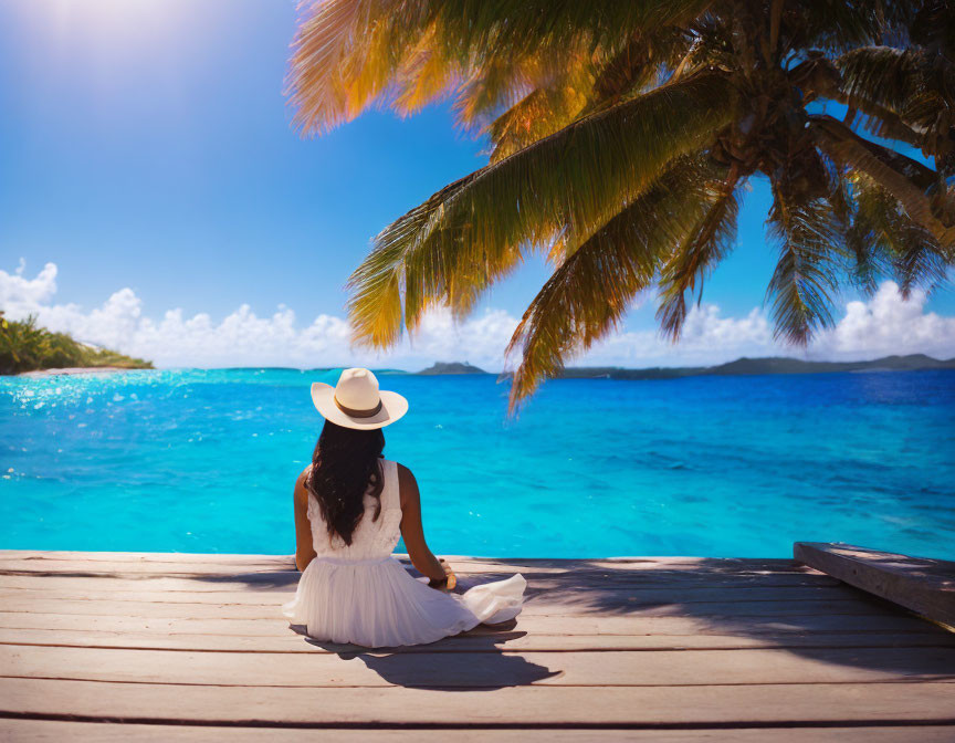 Woman in white dress and sunhat on wooden dock by tranquil blue sea with palm leaves and distant islands