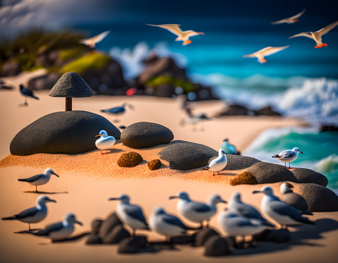 Seagulls on rocks and in flight at golden beach