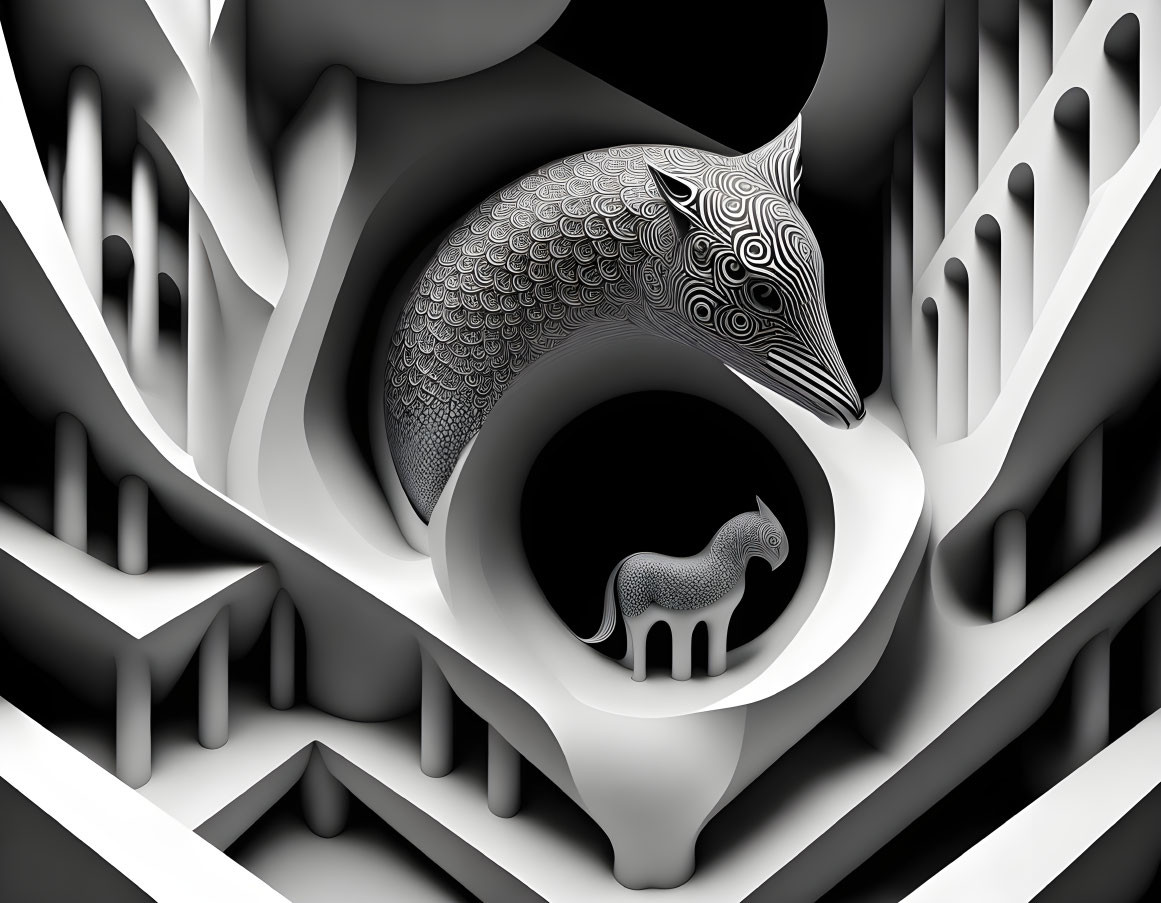 Monochrome abstract art: Armadillo-like figure on geometric maze with elephant silhouette