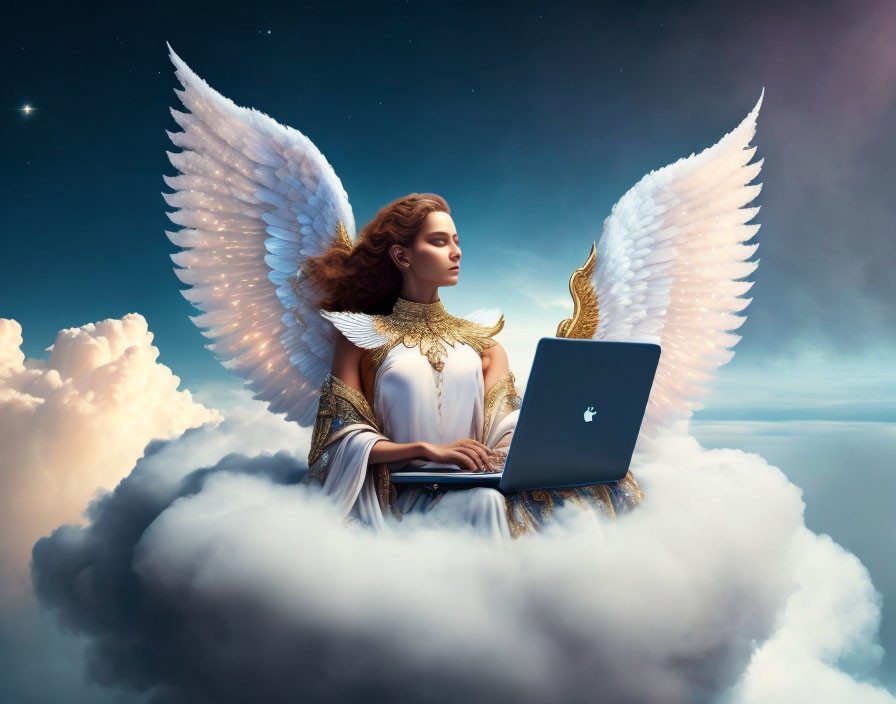 Angelic figure with large wings using laptop on cloud at twilight