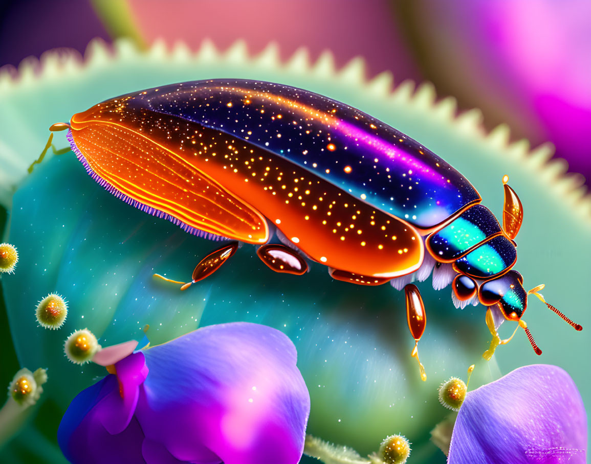 Colorful Beetle Illustration with Starry Carapace on Green Leaf