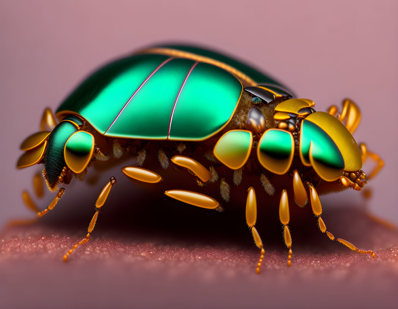 Colorful iridescent beetle with glossy green shell and fine leg hair.