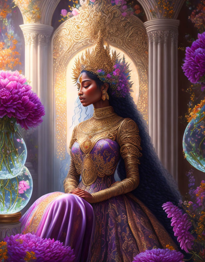 Regal figure in golden crown and armor among vibrant flowers